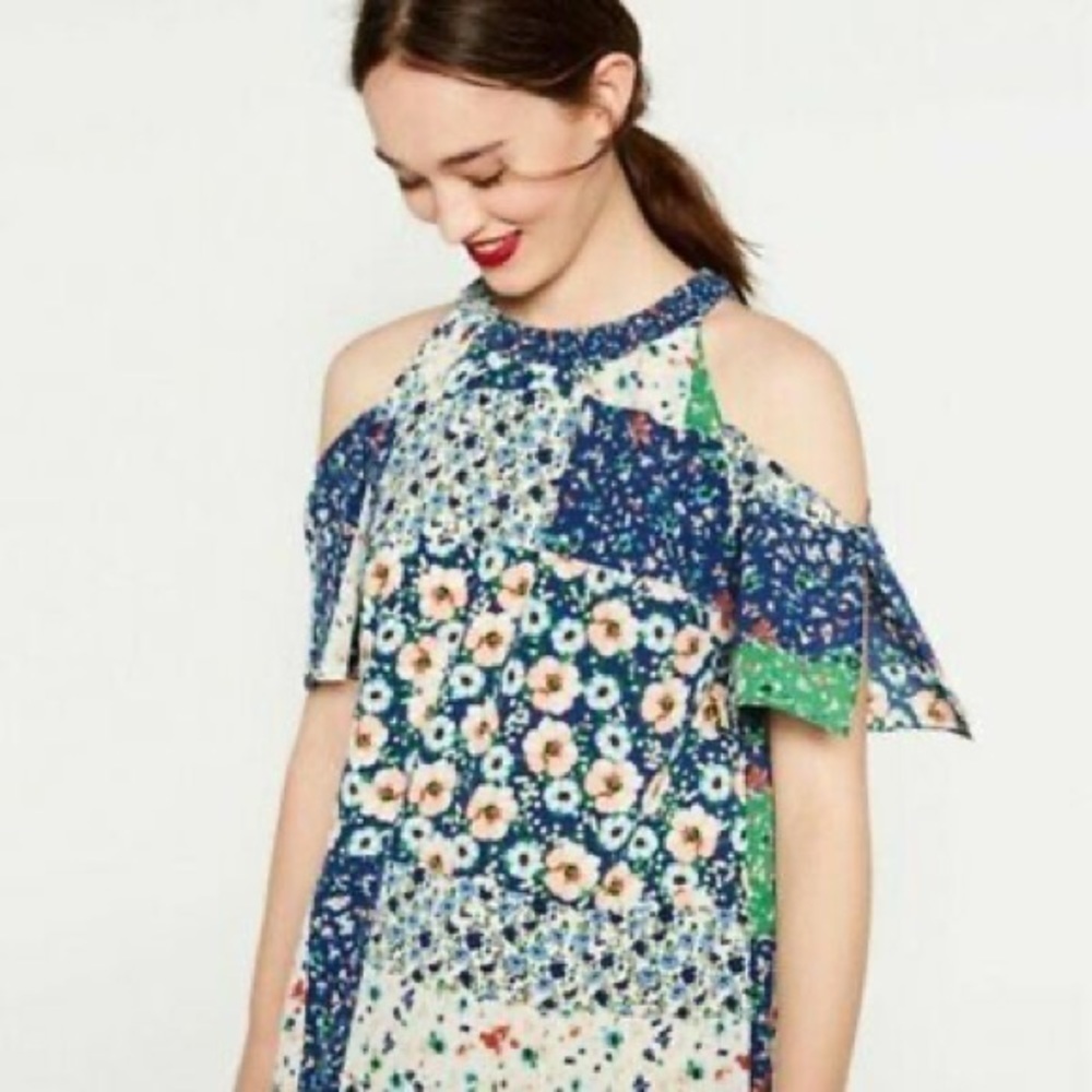 Zara Basic Cold Shoulder Patchwork Floral Dress S… - image 2